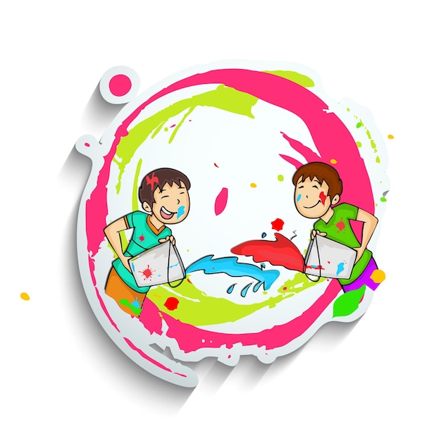 Vector Illustration Of Cartoon Boys Playing Holi Together On Paper Cut Brush Stroke And Splash Effect Background