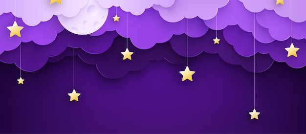 Vector illustration. Cartoon childish background with clouds and stars on strings.