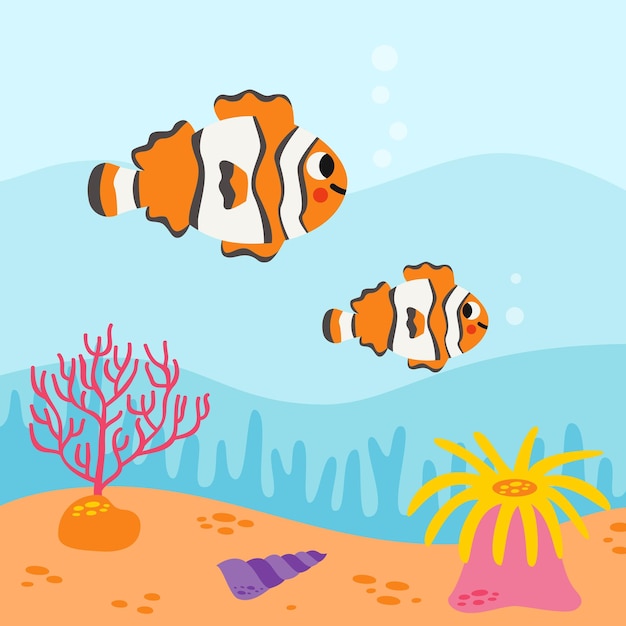 Vector illustration of cartoon clownfish underwater life