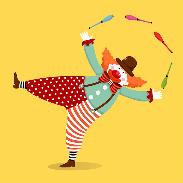 Vector vector illustration cartoon of a cute clown juggling with clubs.