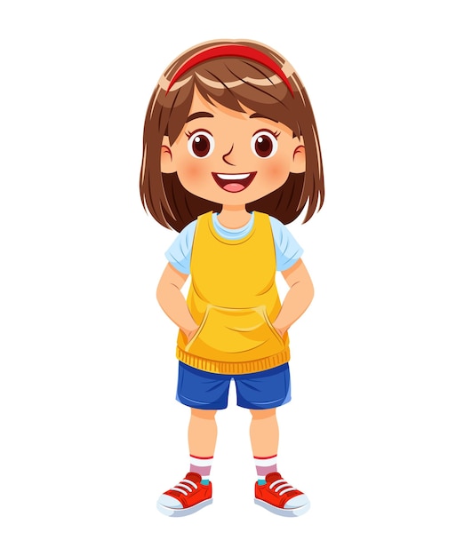 Vector illustration cartoon of a cute girl standing and smiling in colorful and casual clothes