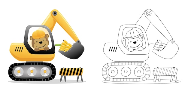 Vector illustration of cartoon cute monkey on excavator with banana and construction barrier Coloring book or page for kids