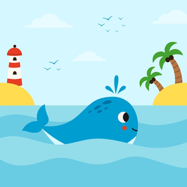 Vector illustration of cartoon cute whale in sea Marine life