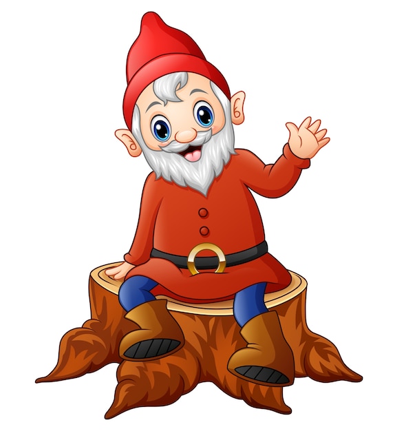 Vector illustration of Cartoon dwarf sitting on tree stump