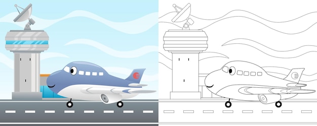 Vector illustration of cartoon funny airplane in airport Coloring book or page for kids