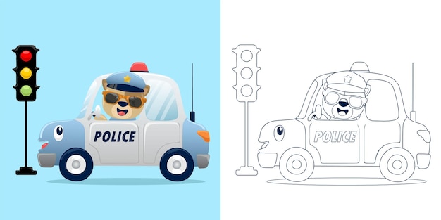 Vector illustration of cartoon funny cat wearing eyeglasses and police cap driving police car Funny police car with stoplight Coloring book or page for kids