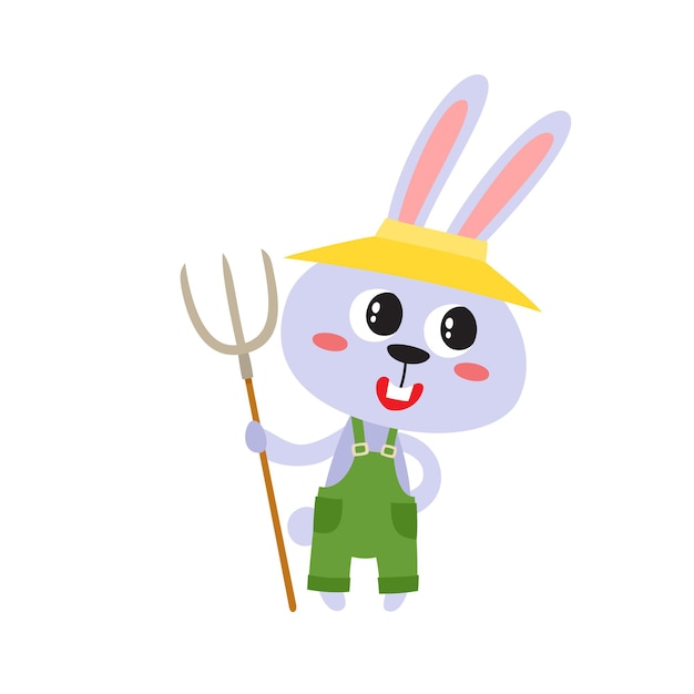 Vector illustration of cartoon funny hare Cute funny animal rabbitfarmer with forks