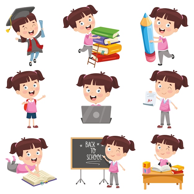 Vector Illustration Of Cartoon Girl Doing Various Activities