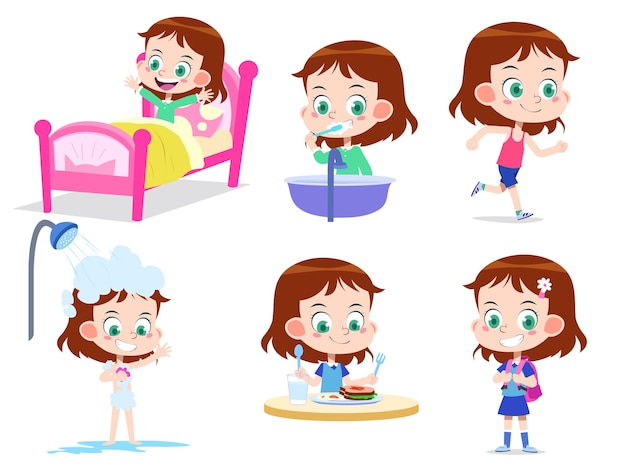 Vector illustration of a cartoon girl set daily routine morning activities from wake up brushing teeth work out taking a bath taking breakfast and ready for school