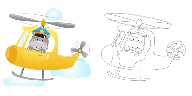 Vector illustration of cartoon hippo wearing pilot cap on helicopter Coloring book or page for kids