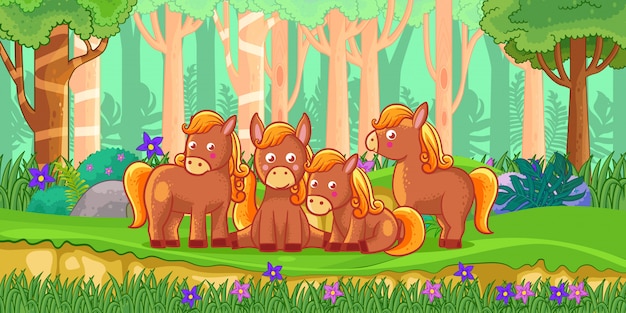 Vector illustration of Cartoon horses in the jungle