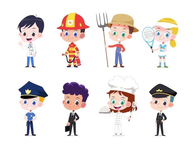 Vector illustration of cartoon kids in a profession costume