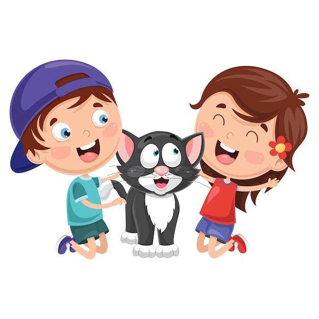 Vector Illustration Of Cartoon Kids With Cat