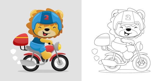 Vector illustration of cartoon lion riding motorcycle Coloring book or page for kids