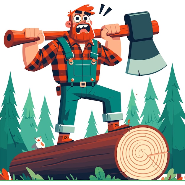 Vector a vector illustration of a cartoon man with lumberjack stands log holding axe