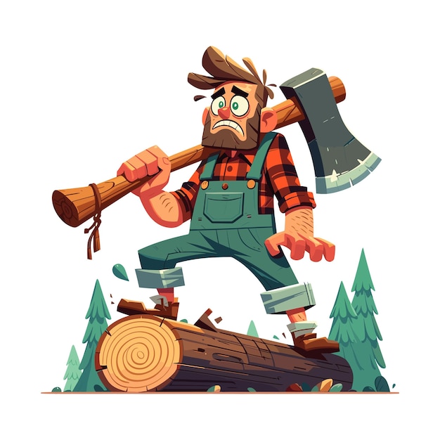 Vector a vector illustration of a cartoon man with lumberjack stands log holding axe