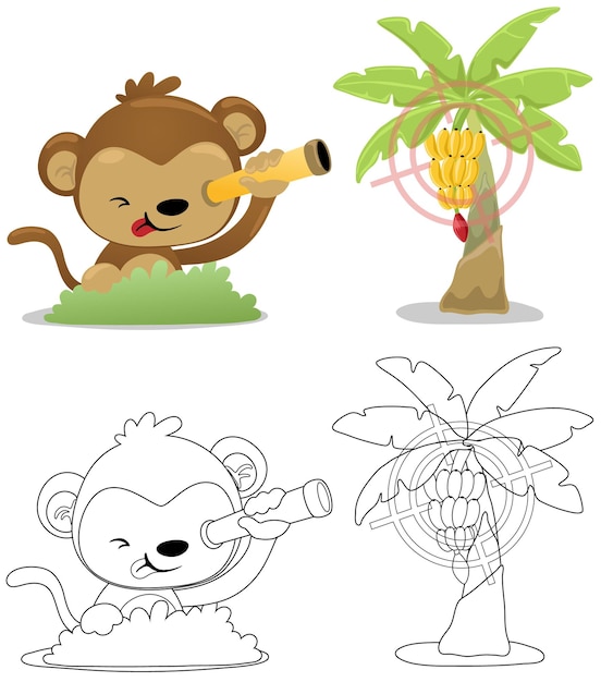 Vector illustration of cartoon monkey with binoculars looking at banana tree Coloring book or page for kids