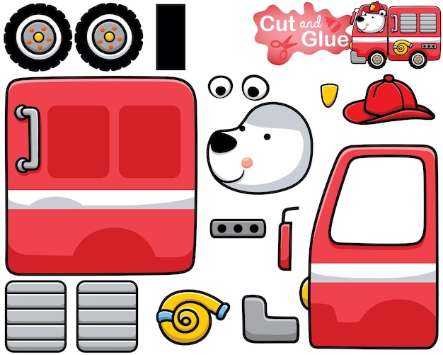 Vector illustration of cartoon polar bear wearing fireman helmet on firetruck Cutout and gluing