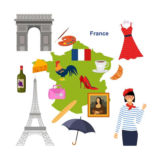 Vector illustration in cartoon style with symbols of France Set of elements