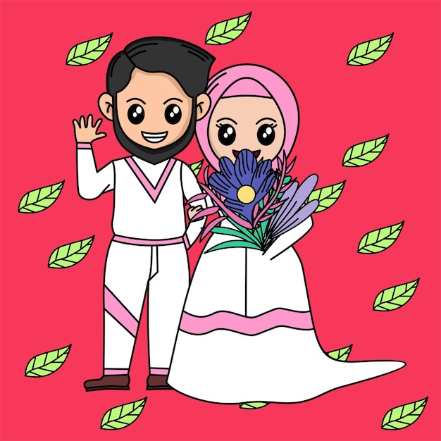 Vector illustration of cartoon wedding with plant and flower theme