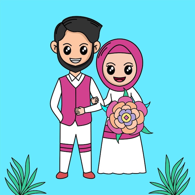 Vector illustration of cartoon wedding with plant and flower theme