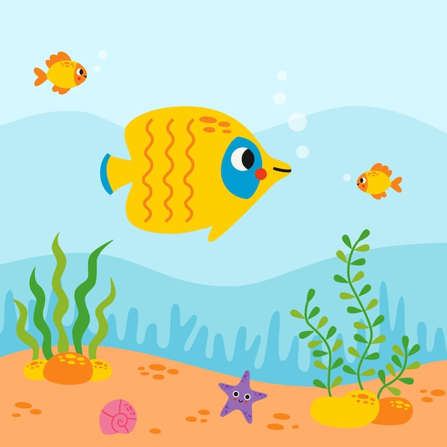 Vector illustration of cartoon yellow butterfly fish underwater life