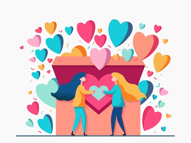 Vector Illustration Of Cartoon Young Girls Holding Heart And Colorful Hearts Coming Out From A Box Love Concept