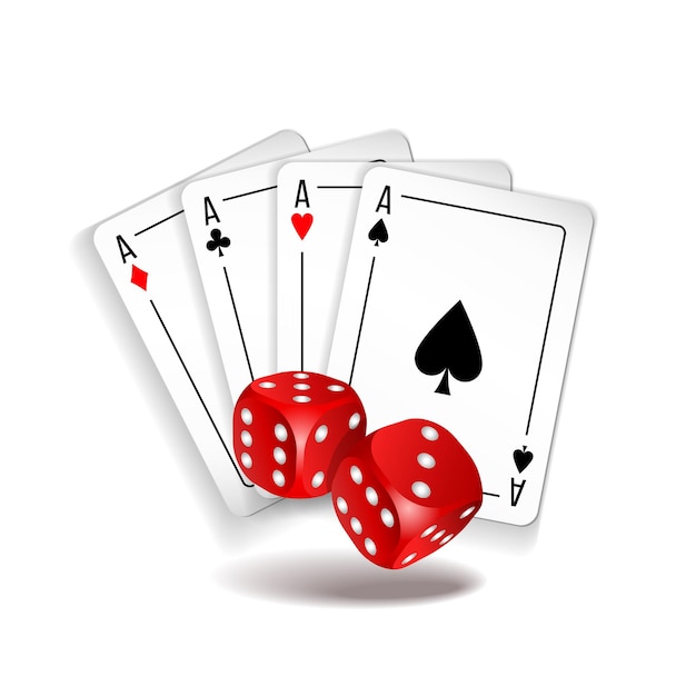 Vector vector illustration of casino elements four playing cards and two red dices