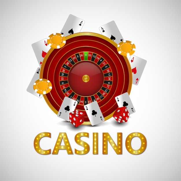 Vector illustration of casino with roulette, casino chips and playing cards