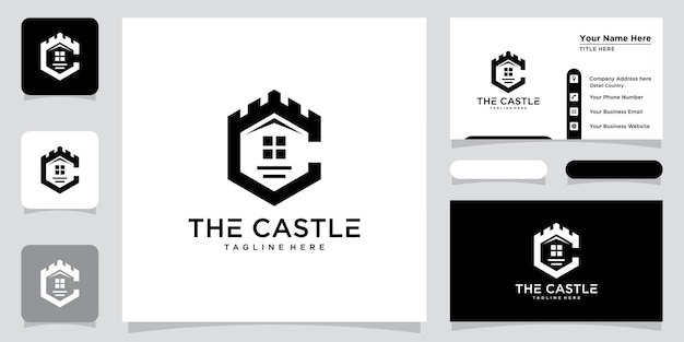 Vector illustration of castle logo design emblem palace fortress and business card design template Premium Vector