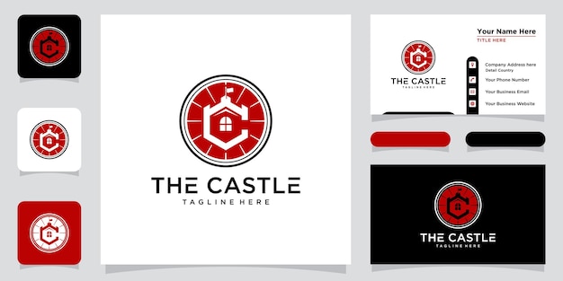 Vector illustration of castle logo design emblem palace fortress and business card design template Premium Vector