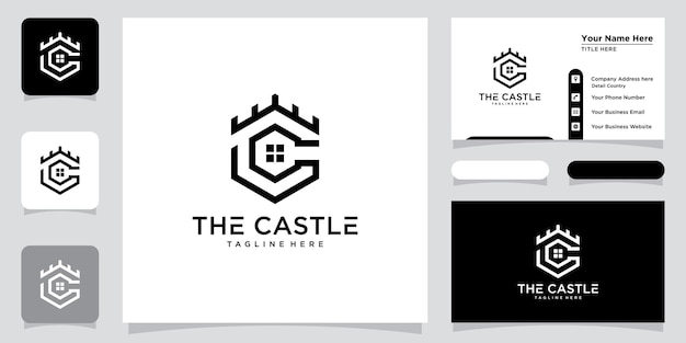 Vector illustration of castle logo design emblem palace fortress and business card design template Premium Vector