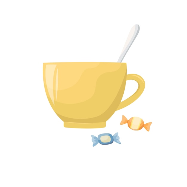 Vector illustration of a ceramic mug with a spoon and sweets