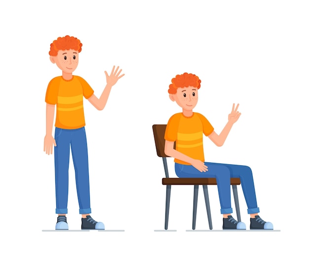 Vector illustration of character poses. A boy sitting on a chair waving and standing on his feet. Different poses for photo.