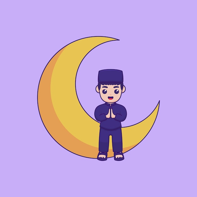 Vector illustration of a character sitting on a crescent moon and making the gesture of Salam