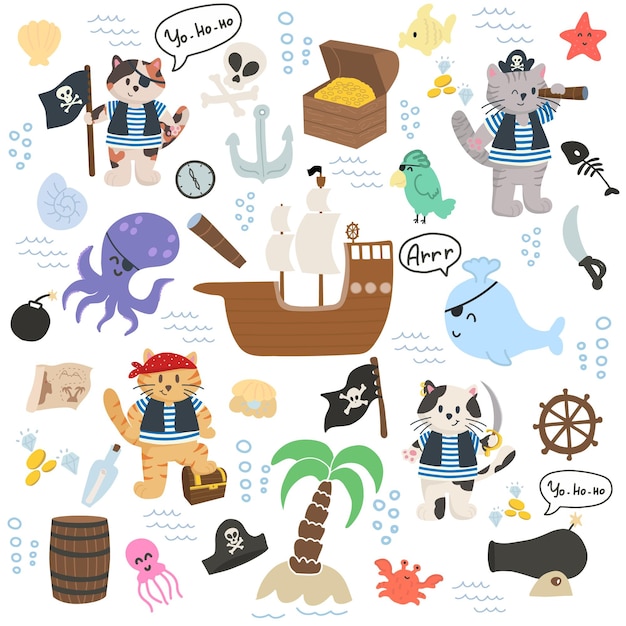 Vector illustration characters pirates cats andxApirate bundle ship whale island octopus chest