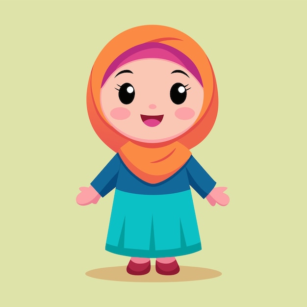 A vector illustration of a cheerful Muslim girl character with a hijab Vector of a cheerful Muslim girl character with a simple cartoon flat design