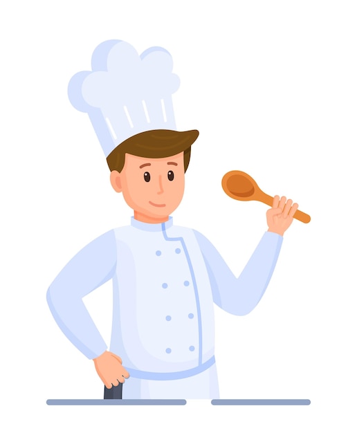 Vector illustration of chef's tasting. Chef on white background. Head chef in a cap symbol or logo. The head chef is cooking a meal in a restaurant.