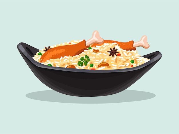 Vector illustration of Chicken Biryani, Kerala dum chicken biryani arranged in an earthenware.