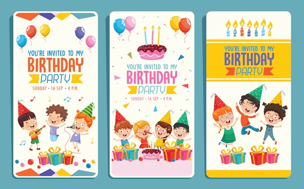 Vector Illustration Of Children Birthday Party Invitation Card Design