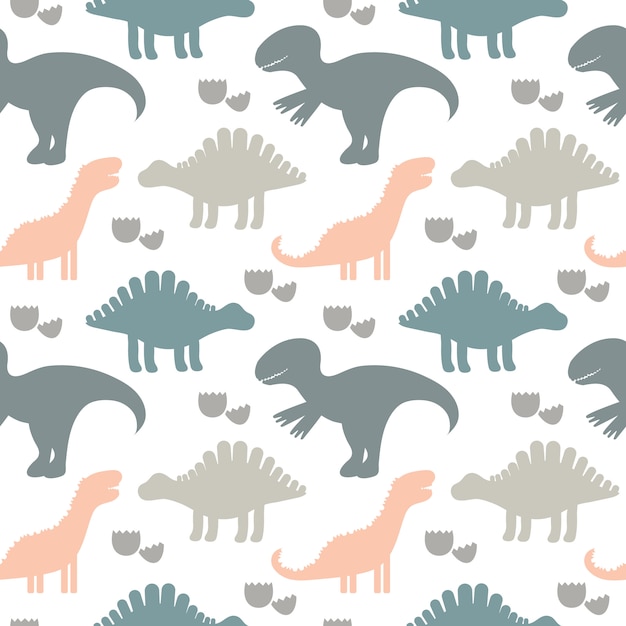 Vector illustration. Children cute seamless pattern with silhouettes of dinosaurs. Kids background. For textile, fabric.