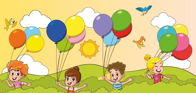 vector illustration of children playing with balloons