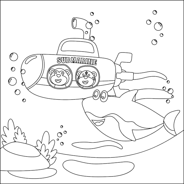 Vector illustration for children's design submarine with cute sailor and shark colouring book