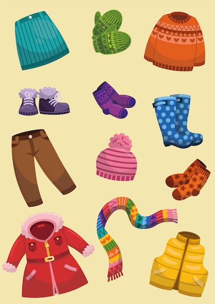 Vector vector illustration of childrens clothing set colorful winter clothes