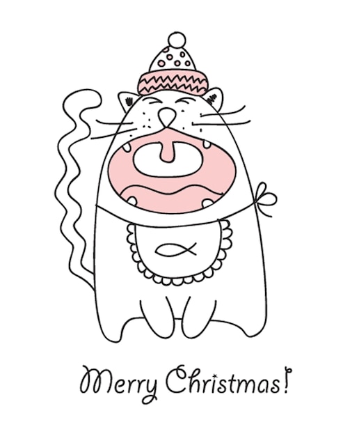 Vector illustration of christma cat and Christmas and new year greetings Cute cat with hat