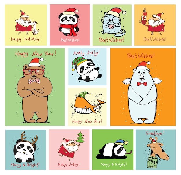 Vector vector illustration of christmas cats, rats, pigs and dogs with christmas and new year greetings. cute pets with holiday hats in flat style