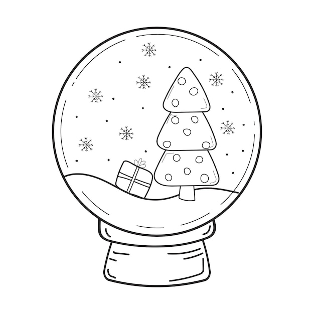 Vector illustration of a Christmas tree and a gift in a Christmas snow globe