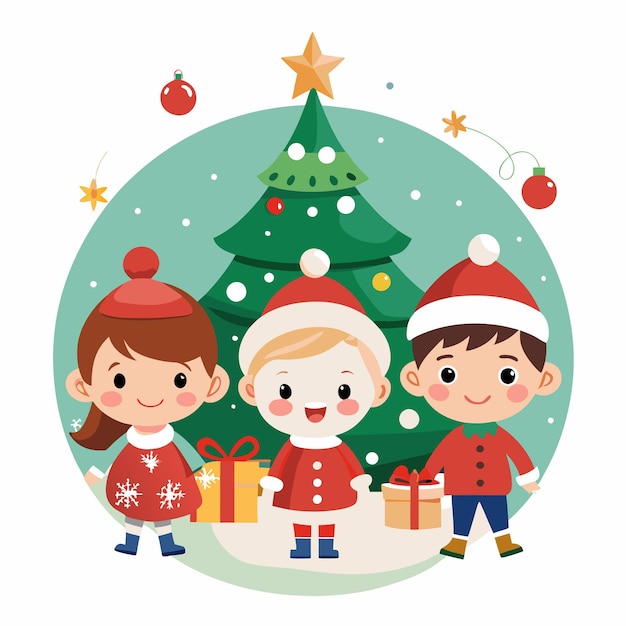 Vector Illustration Of Christmas Whit Cute Kids