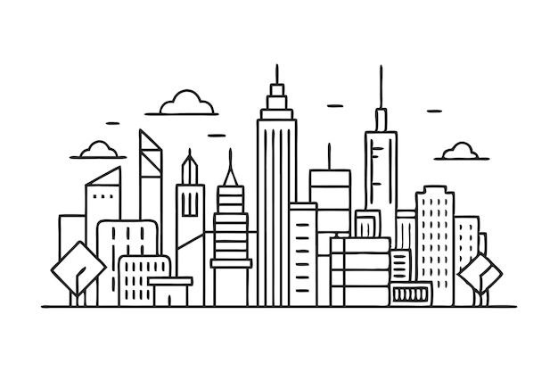 Vector illustration of city skyline with modern skyscrapers and clouds