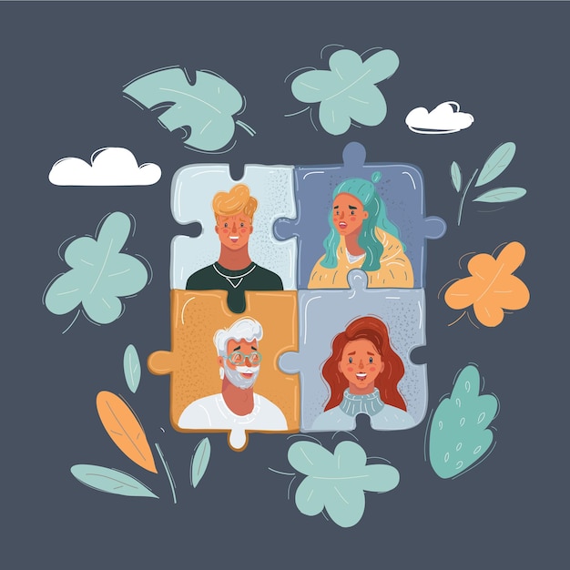 Vector illustration of Closeup of people face on puzzle pieces put together on dark background